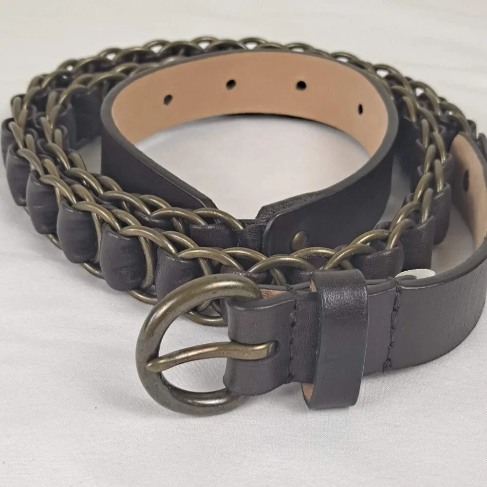 Talbots Size Large Brown Leather and Metal Ring Woven Belt Brass Toned Hardware